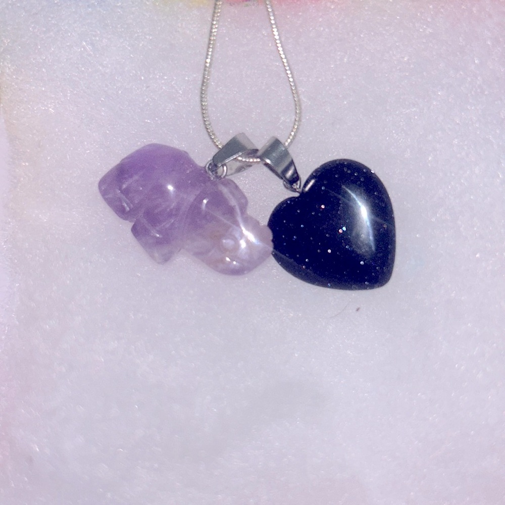 Boho hippie Blue Goldstone Heart and Amethyst Crystal Elephant Sterling Silv…
